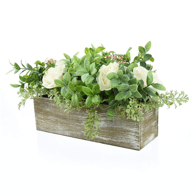Candlelight Home Artificial Plants & Flowers White Roses with Green Leaves in Wooden Box (MO) 1PK