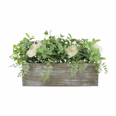 Candlelight Home Artificial Plants & Flowers White Roses with Green Leaves in Wooden Box (MO) 1PK