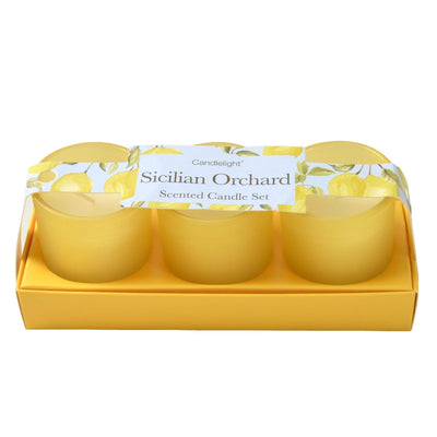 Candlelight Home Boxed Candles Sicilian Orchard Set of 3 Mini Votives Candles in Gift Box Basil and Wild Lemon Scent 6PK