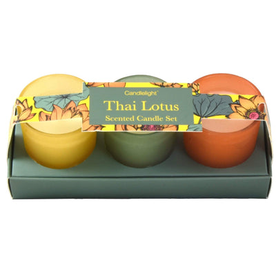 Candlelight Home Boxed Candles Thai Lotus Set of 3 Mini Votives Candles in Gift Box Thai Flower Market Scent 6PK
