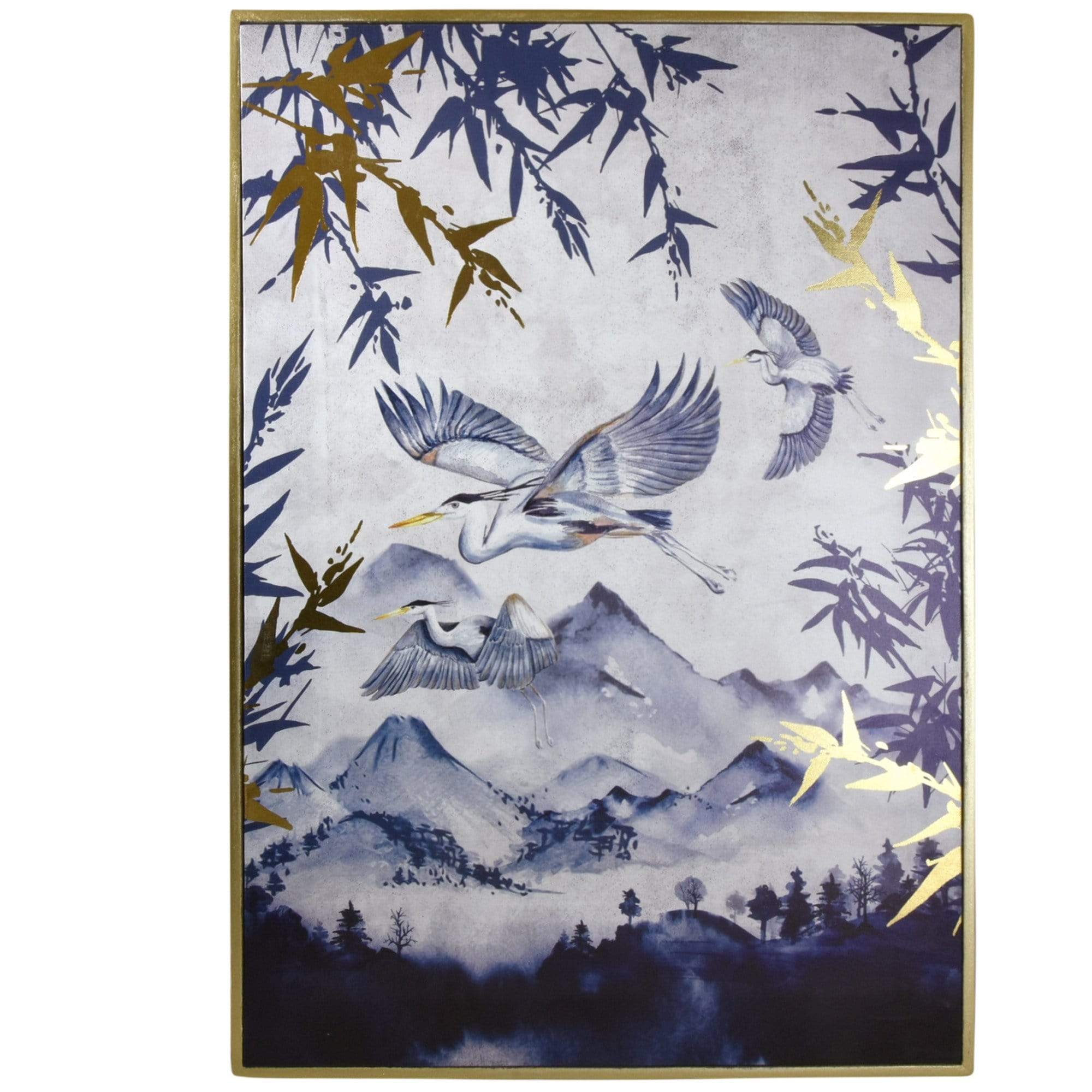 Art Deco Heron Framed Canvas Wall Art - Multi-Color Birds Print, Ready To Hang - Made In UK