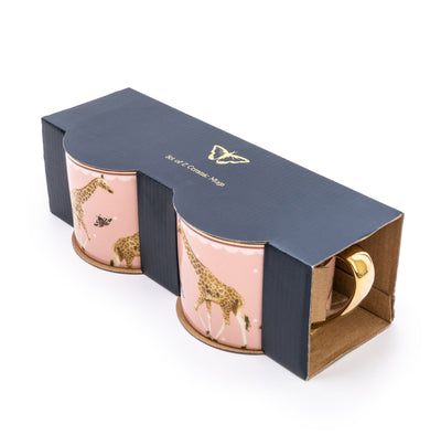 Candlelight Home Mugs Set of 2 Giraffe Pink Straight Sided Mugs with Gold Handles In Window Gift Box 1PK