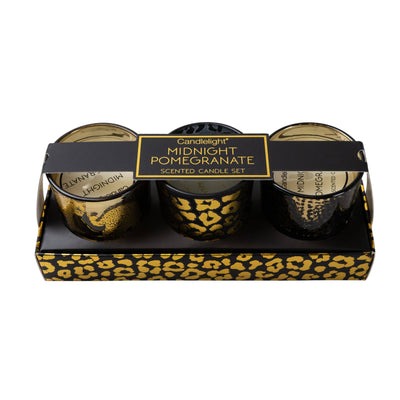 Candlelight Home Wax Pot Candles Candlelight Animal Luxe Set of 3 Wax Filled Candle Pots with Leopard Print Midnight Pomegranate Scent 50g 6PK