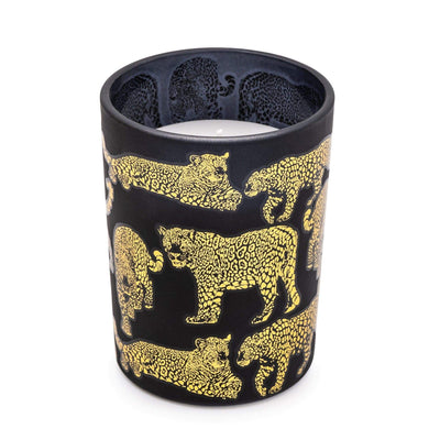 Candlelight Home Wax Pot Candles Matte Black and Gold Round Leopard Print Candle - Midnight Pomegranate Scent (MO) 1PK
